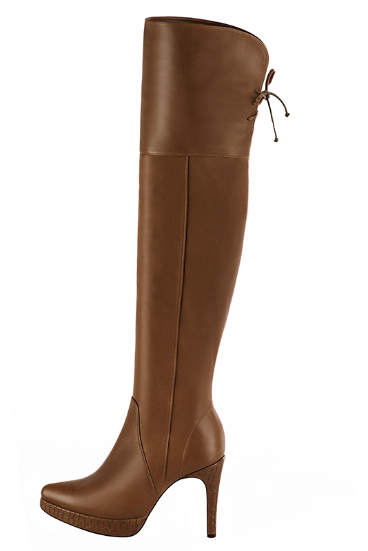Caramel brown women's leather thigh-high boots. Tapered toe. Very high slim heel with a platform at the front. Made to measure. Profile view - Florence KOOIJMAN